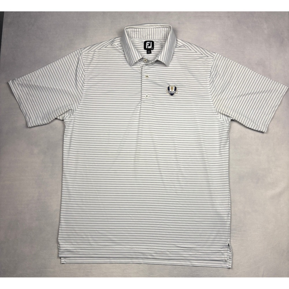 FootJoy Mens Ohio Cup Golf‎ Polo Shirt White Navy Striped Performance Large FJ